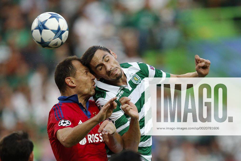 Aug. 18, 2015 - Lisbon, Portugal - Heads collide as Sporting s defender PAULO OLIVEIRA (R) battles with CSKA s defender SERGEY IGNASHEVICH (L) during Champions League action between Sporting CP and PFC CSKA Moscow at Jose Alvalade Stadium. Soccer 201 - Sporting CP vs CSKA Moscow - ZUMAn230