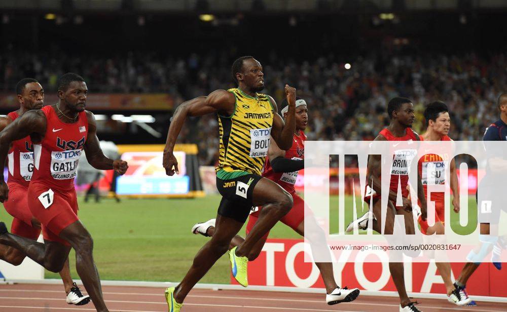 Aktuell Leichtathletik WM in Peking, Usain Bolt holt Gold über 100m (150823) --BEIJING, Aug 23, 2015 -- Jamaica s Usain Bolt (3rd L) and Justin Gatlin (2nd L) compete during the men s 100m final at the 2015 IAAF World Championships in Beijing, capital of China, on Aug. 23, 2015. ) (SP)CHINA-BEIJING-IAAF WORLD CHAMPIONSHIPS-MEN S 100M FINAL(CN) YuexYuewei