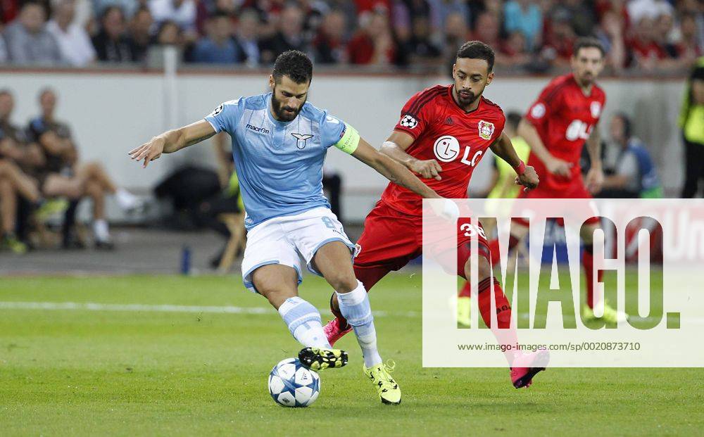 Antonio Candreva (Lazio Rom) (L) against Karim Bellarabi (Bayer 04 Leverkusen) during the Championsleague Qualification between Bayer 04 Leverkusen and Lazio Rom, Bayarena in Leverkusen on August 26., 2015. Bayer 04 Leverkusen vs. Lazi Rom in der Qualifikation der Champions League der Saison 2015 2016 am 26. August 2015.