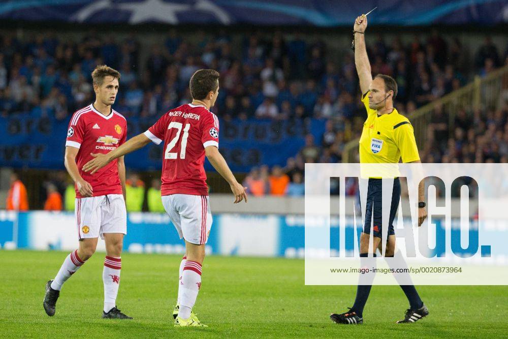 - BRUGGE, BELGIUM: Manchester s Ander Herrera receives a yellow card from referee Antonio Mateu Lahoz during a soccer game between Belgian first league team Club Brugge KV and British club Manchester United ManU FC in Brugge, Wednesday 26 August 2015, the return game of the play-offs of the UEFA Champions League competition. Manchester United won the first leg 3-1. KURTxDESPLENTER x04687522x