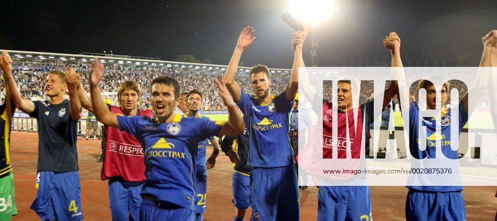 Belgrade(Serbia) FK Partizsan-FC bate Borisov Play off 2nd leg champions league men s football FC Bate Borisov players celebrate going in champions league from left to right: Kaspars Dubra,Dmitry Baga,Aleksandr Volodko,Nemanja Milunovic,Edgar Olekhnovich and Aleksei Rios :