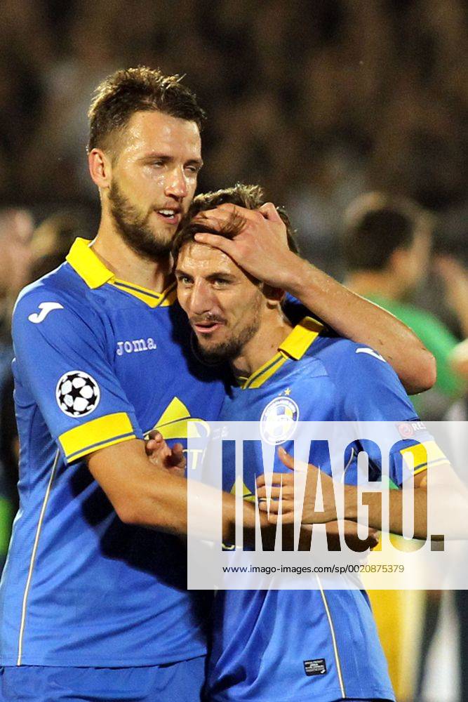 Belgrade(Serbia) FK Partizsan-FC bate Borisov Play off 2nd leg champions league men s football Nemanja Milunovic(L) and Filip Mladenovic(r) FC Bate Borisov celebration :