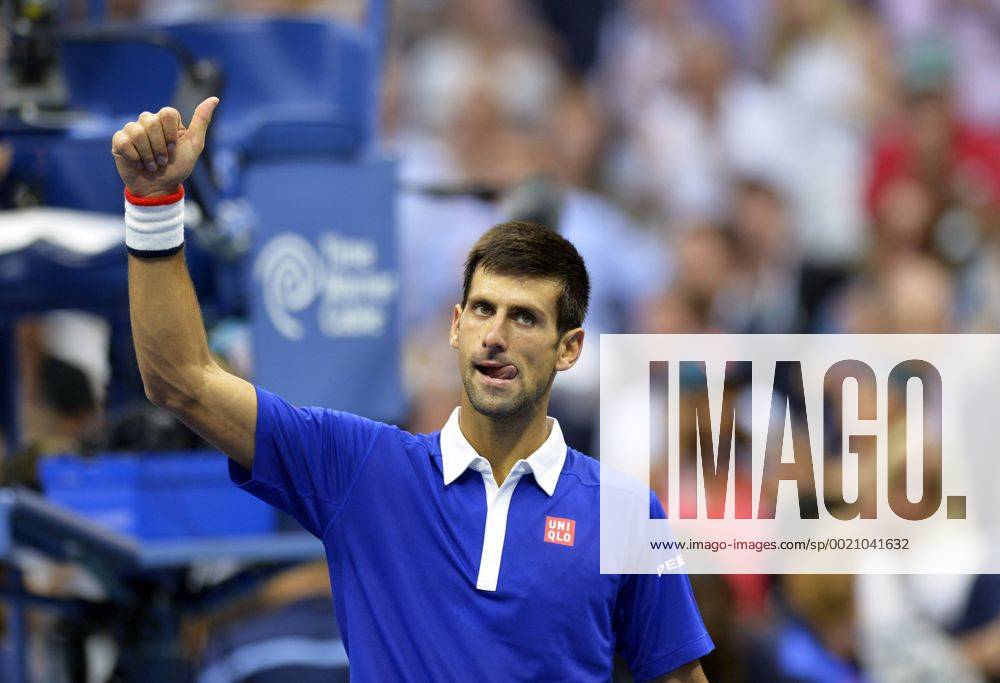 NEW YORK, Sept. 11, 2015 -- Novak Djokovic of Serbia celebrates his victory over Marin Cilic of Croatia during their men s singles semifinal at the 2015 US Open in New York, the United States, Sept. 11, 2015. Djokovic was qualified for the final after beating Cilic 3-0. ) (SP)US-NEW YORK-TENNIS-US OPEN-MEN S SINGLES-SEMIFINAL YinxBogu