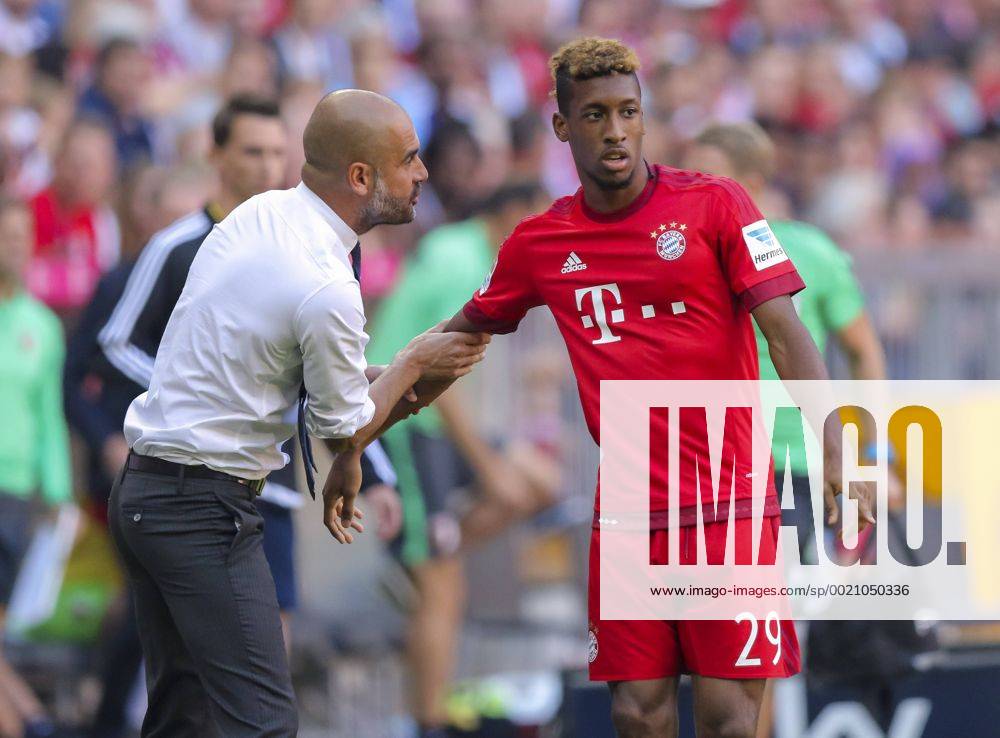 Trainer Cheftrainer Pep GUARDIOLA (FCB) packt Kingsley COMAN, FCB 29 am Arm, gestikuliert und gibt Anweisungen, Aktion, Einzelbild, Gestik, Geste, Handbewegung, zeigen, deuten , Kingsley COMAN, FCB 29 FC BAYERN MUENCHEN - FC AUGSBURG (2-1) Fussball 1. Bundesliga , Muenchen, am 12.09.2015, 04.Spieltag, Saison 2015 2016, 1.Liga, 1.Bundesliga, FCB