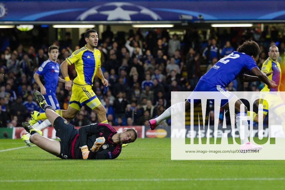 London, England. Champions League. Chelsea versus Macabbi Tel Aviv. Chelsea s Willian brought down in the box by Maccabi Tel-Aviv& x2019;s Predrag Rajkovic resulting in a penalty Mercerx ActionPlus11660835