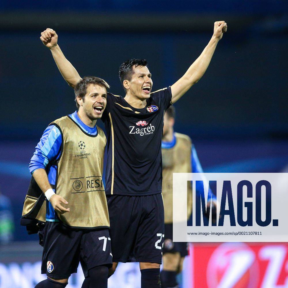 SOCCER - CL, Zagreb vs Arsenal ZAGREB,CROATIA,16.SEP.15 - SOCCER - UEFA Champions League, group stage, GNK Dinamo Zagreb vs FC Arsenal. Image shows the rejoicing of Alexandru Matel and Leonardo Sigali (Zagreb). GEPAxpictures Klansek