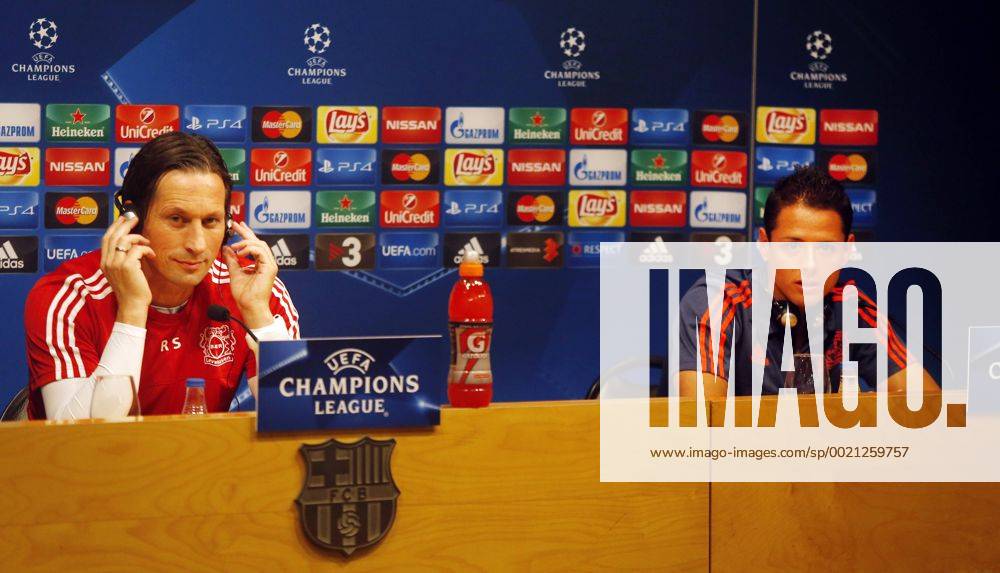 Chicharito Javier Hernandez and Roger Schmidt (Bayer Leverkusen) attend press conference before the Champions League match. xFRANCESCxADELANTADOx