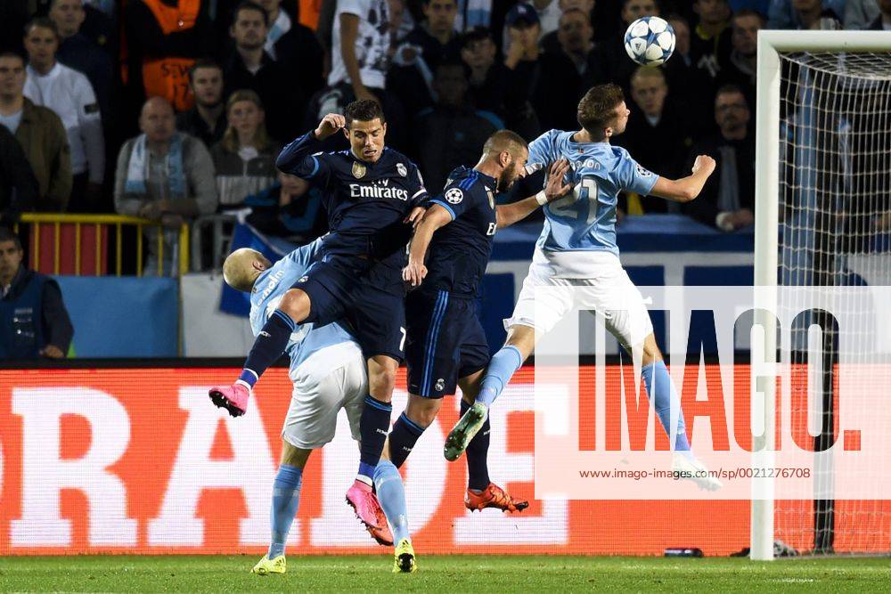 , 150930 Real Madrids Cristiano Ronaldo och Karim Benzema och Malmö FFs Anton Tinnerholm och Kari Arnarson during UEFA Champions League 2015 2016 match between Malmö FF and Real Madrid.