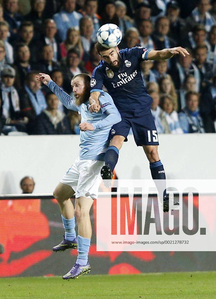 UEFA Champions League 2015 2016 match between Malmö FF and Real Madrid. In this picture, Real Madrid s Carvajal fights with a Malome s player. A.xGARCIAx