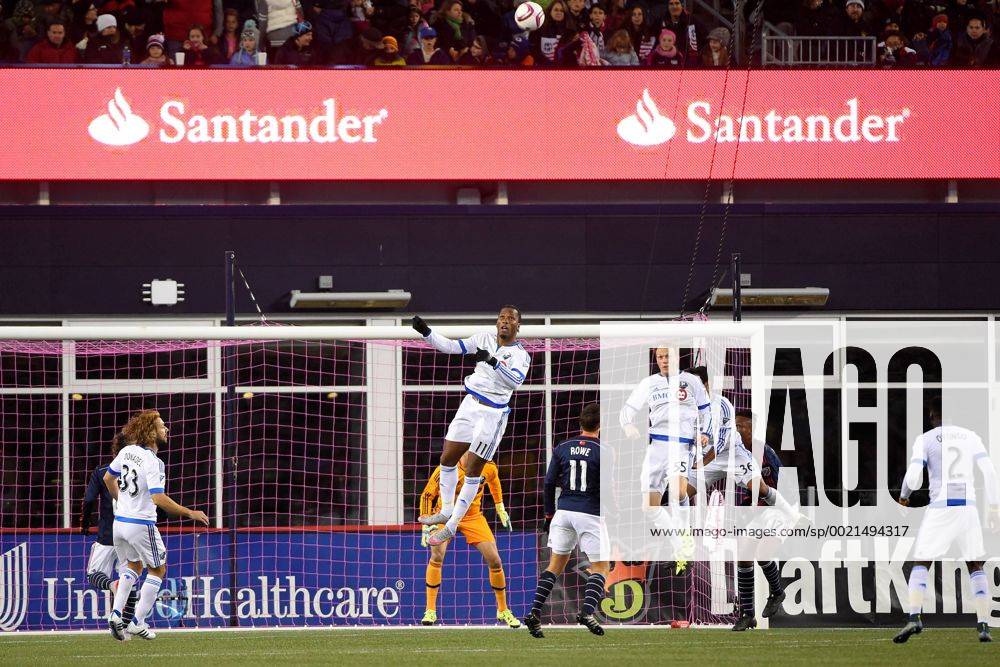 Montreal Impact forward Didier Drogba (11) watches the flight of the ball after heading it away from the net during the MLS Fussball Herren USA game between Montreal Impact and the New England Revolution held at Gillette Stadium in Foxborough Massachusetts. Montreal defeats New England 1-0. MLS 2015: Impact vs Revolution OCT 17 - ZUMAc04_