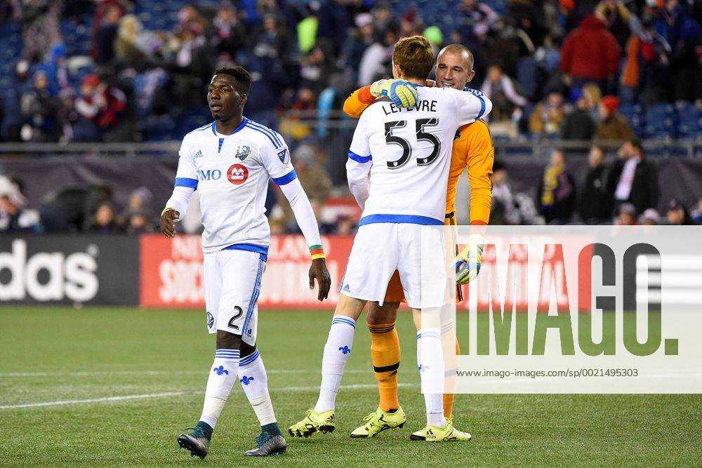Montreal Impact goalkeeper Evan Bush (1) celebrates a victory with defender Wandrille Lefevre (55) at the MLS Fussball Herren USA game between Montreal Impact and the New England Revolution held at Gillette Stadium in Foxborough Massachusetts. Montreal defeats New England 1-0. MLS 2015: Impact vs Revolution OCT 17 - ZUMAc04_