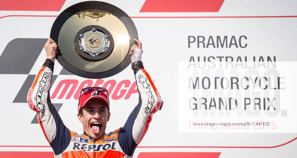 Oct. 18, 2015 - Melbourne, Victoria, Australia - Marc Marquez (ESP) of Repsol Honda Team celebrates after winning the MotoGP category race at the 2015 Australian MotoGP held at Phillip Island, Australia. MotoGP 2015 - Australian MotoGP - ZUMAk106