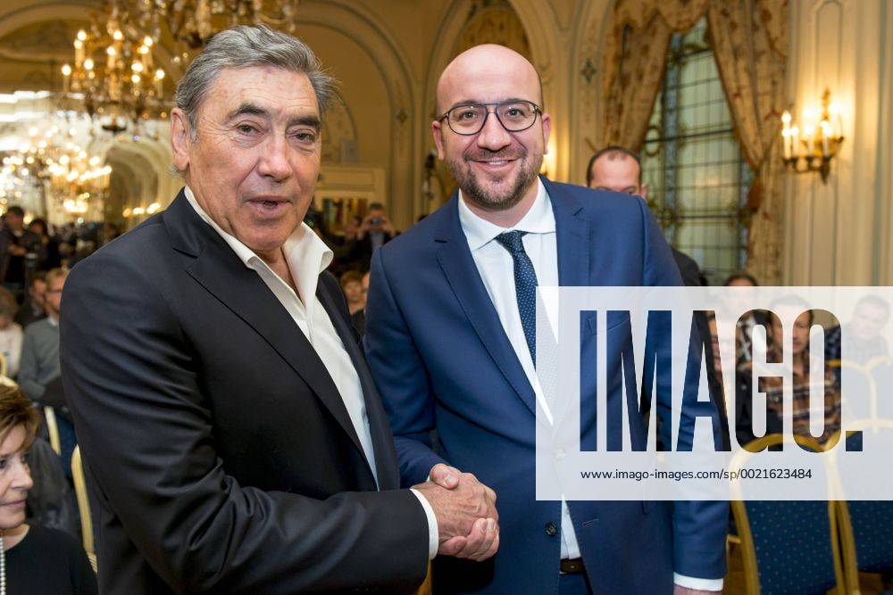 Belgium, Brussels, Oct. 28, 2015 - press conference PK Pressekonferenz to present the new biography of Eddy Merckx, by journalist Johny Vansevenant - Eddy Merckx & Prime Minister Charles Michel Danny Gys Reporters xxGYS