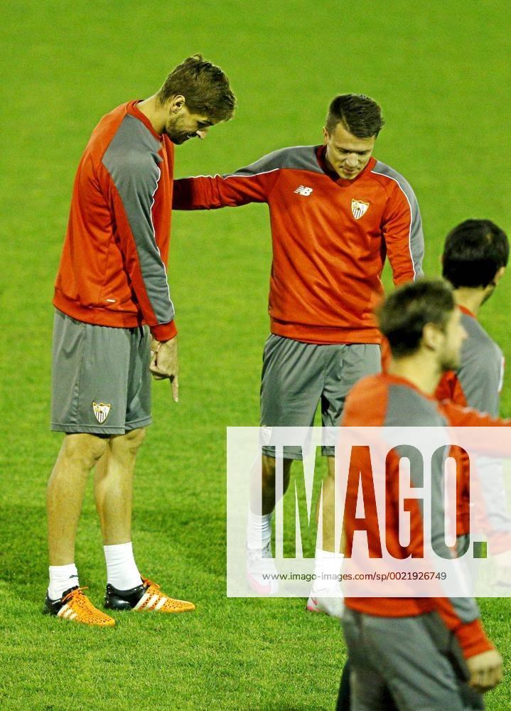 UEFA Champions League 2015 2016. FC Sevilla training session. In this picture, Fernando Llorente and Konoplyanka. NAVARROx