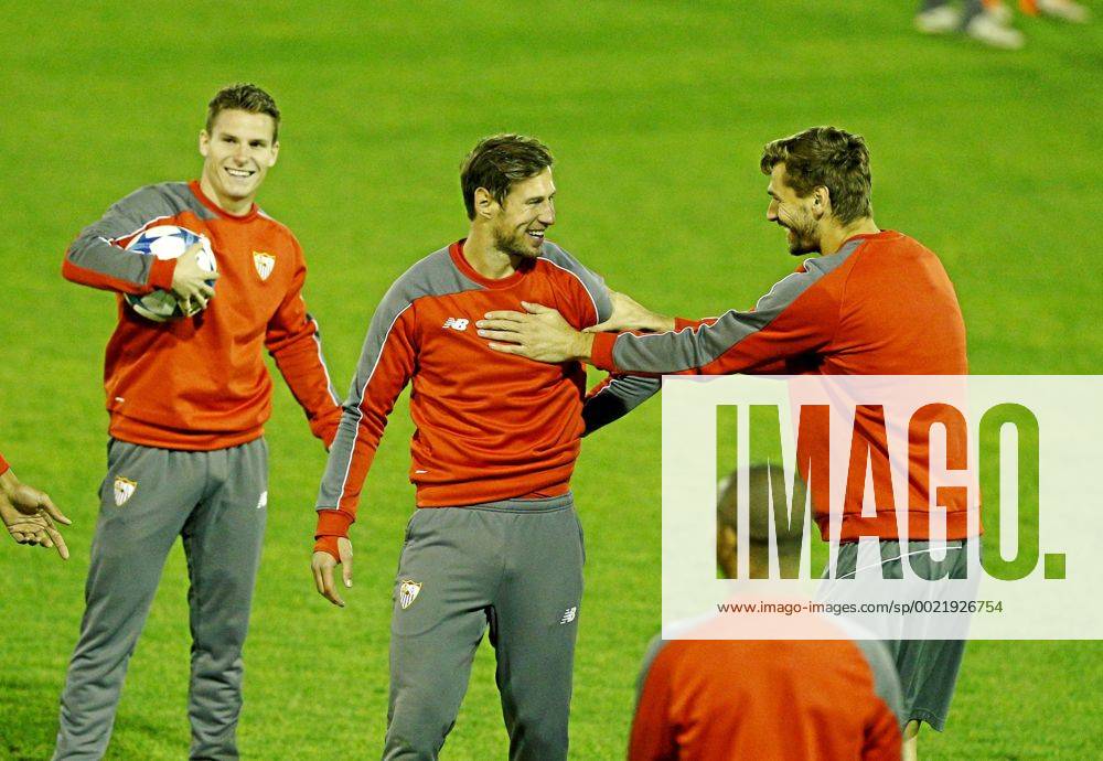 UEFA Champions League 2015 2016. FC Sevilla training session. In this picture, Gameiro, Krychowiak and Fernando Llorente. NAVARROx