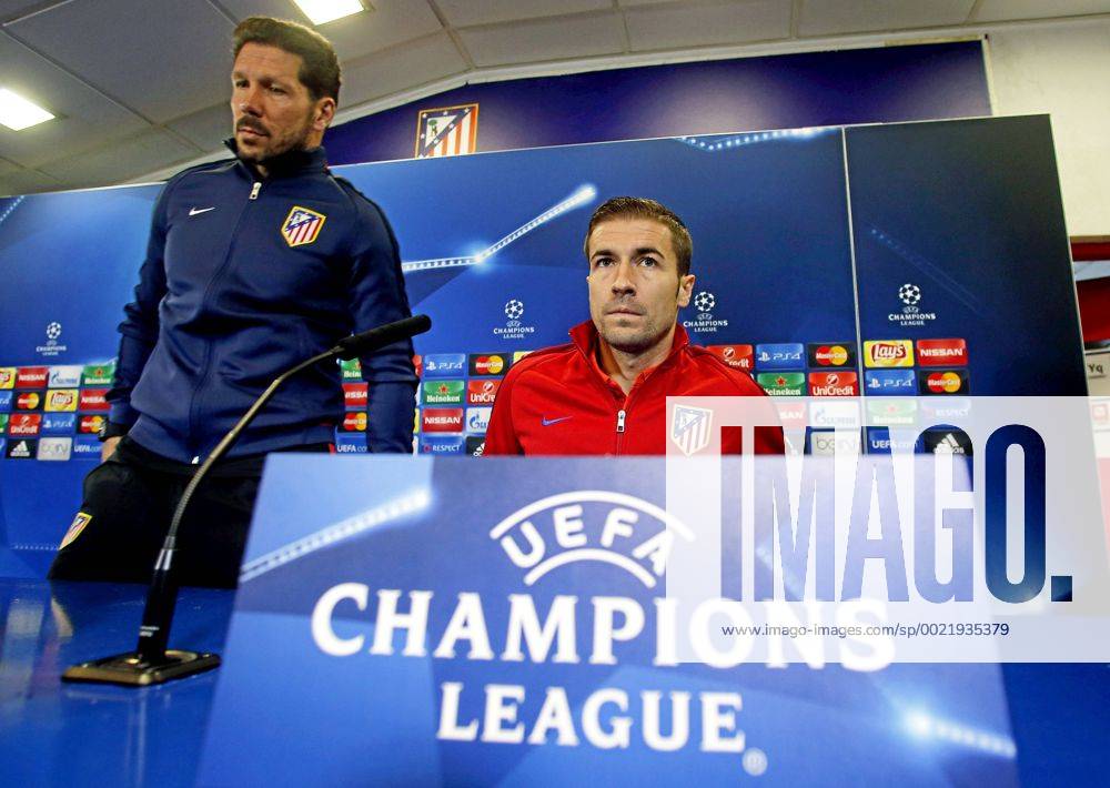 Simeone and Gabi of Atletico Madrid attend press conference PK Pressekonferenz before the Champions League match against Galatasaray. Garciax