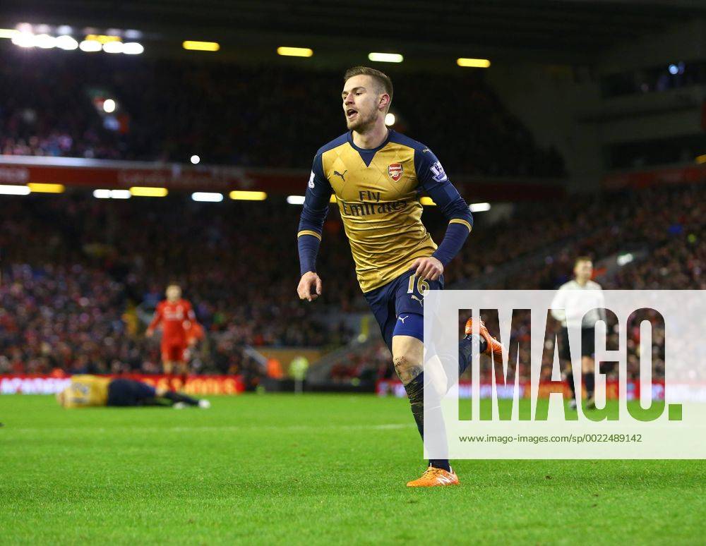 Arsenal s Aaron Ramsey celebrates scoring his sides first goal - Barclay s Premier League - Liverpool vs Arsenal - Anfield - Liverpool - 13 01 2016 Pic Philip Oldham SportImage .