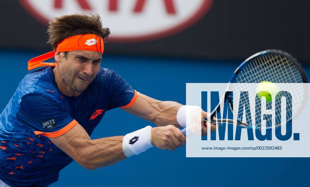 (160123) -- MELBOURNE, Jan. 23, 2016 -- David Ferrer of Spain returns the ball during the third round match of men s singles against Steve Johnson of the United States at the Australian Open Tennis Championships at Melbourne Park in Melbourne, Australia, Jan. 23, 2016. Ferrer won 3-0. ) (SP)AUSTRALIA-MELBOURNE-TENNIS-AUSTRALIAN OPEN-DAY 6 BaixXue