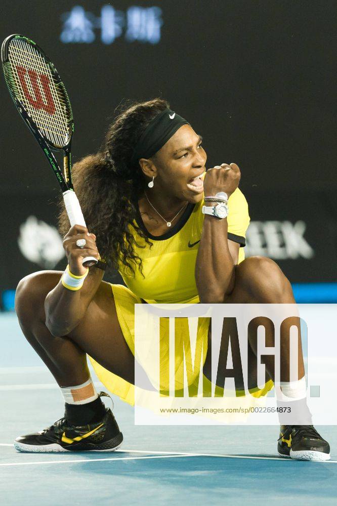 Melbourne, Australia - SERENA WILLIAMS of United States of America celebrates winning a Semifinal round match against A. Radwanska of Poland on day eleven of the 2016 Australian Open Grand Slam tennis tournament at Melbourne Park in Melbourne, Australia. Williams won 6:0, 6:4. Tennis 2016 - Australian Open - Day 11 - ZUMAc04_
