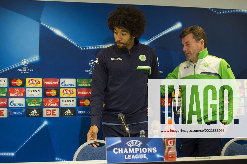 Fußball, Champions League, VfL Wolfsburg PK Wolfsburg s Dante and Wolfsburg s head coach Dieter Hecking pictured during a press conference PK Pressekonferenz of German soccer club VfL Wolfsburg, Tuesday 16 February 2016 in Gent. Wolfsburg is preparing for the first leg of the 1 8 finals of the UEFA Champions League competition against Belgian team KAA Gent tomorrow. JASPERxJACOBS x04794218x