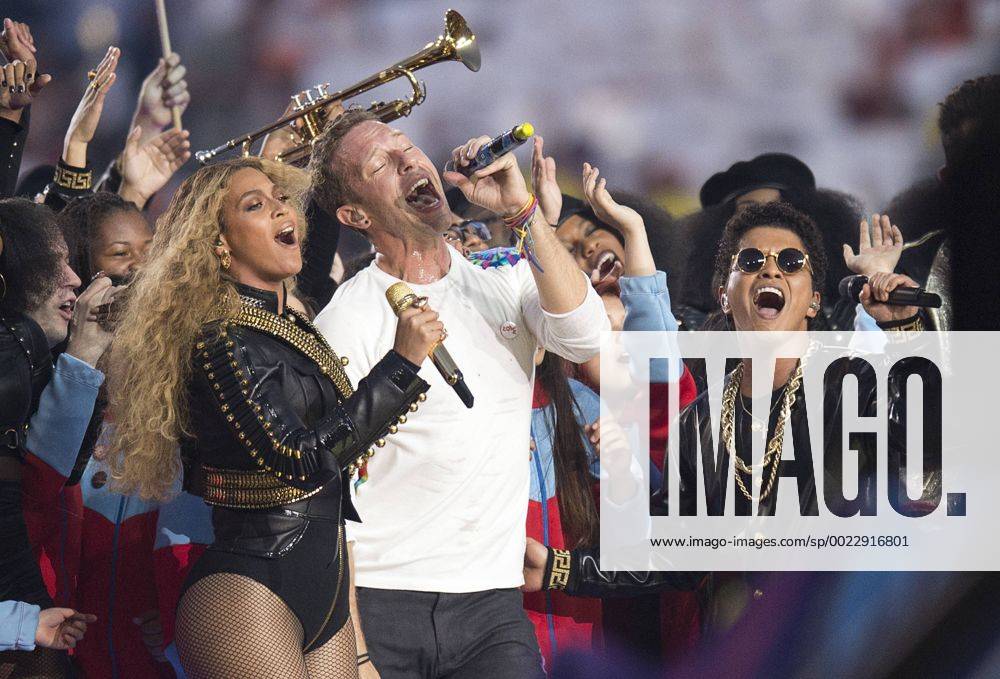 Feb. 7, 2016 - Santa Clara, CA, USA - Beyonce, Chris Martin and Bruno Mars preform during half time show in Super Bowl 50 on Sunday, Feb. 7, 2016 at Levi s Stadium in Santa Clara, Calif. Sacramento California News - Feb. 7, 2016 - ZUMAs76_
