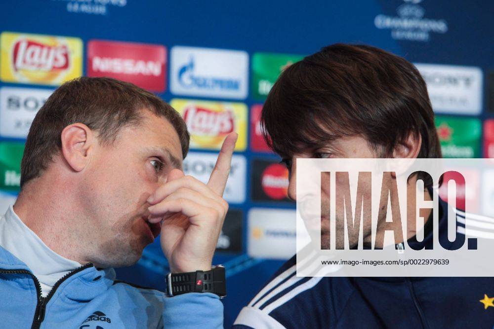 Feb. 23, 2016 - Kiev, Ukraine - The coach of FC Dynamo (Kiev) Serhii Rebrov (L) and the player of FC Dynamo Oleksandr Shovkovskiy (R) during a press conference PK Pressekonferenz before the match 1 8 finals of the Champions League between FC Dynamo (Kiev, Ukraine) and FC Manchester City (Manchester, England) in Kiev. Soccer 2016 - FC Dynamo vs Manchester City - ZUMAp133