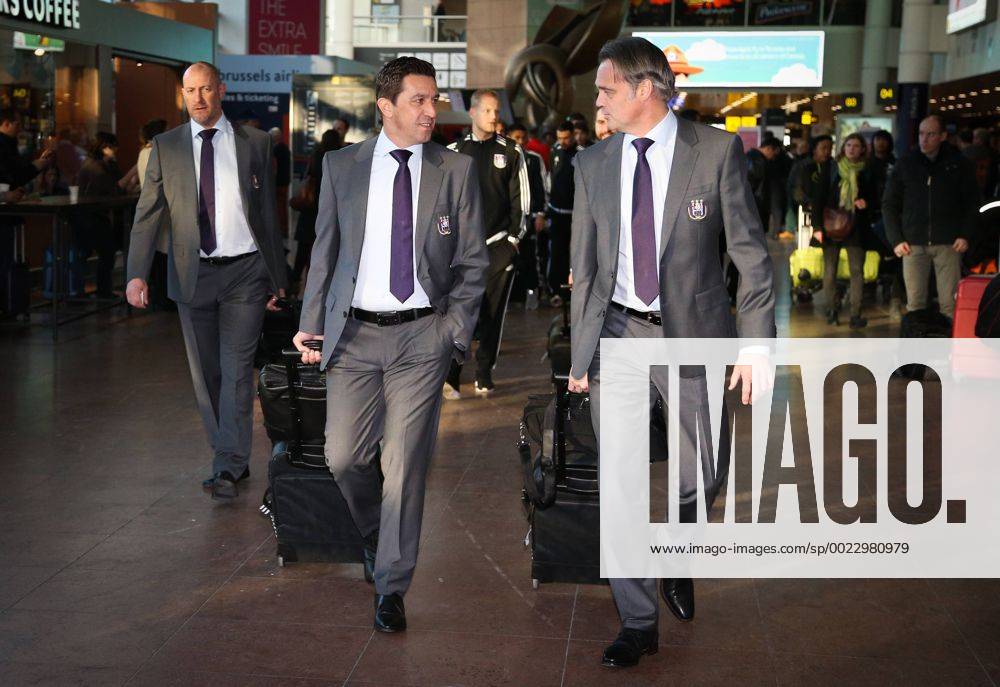Anderlecht s head coach Besnik Hasi and Anderlecht s analyst Bart Meert pictured at the departure of Belgian first league soccer team RSC Anderlecht, Wednesday 24 February 2016 in Brussels national airport, on their way to Athens airport, Greece. Tomorrow Anderlecht is playing the return leg of the 1 16 finals in the Europa League competition against Greek club Olympiacos F.C. The Belgian club RSCA won 1-0 the first leg. VIRGINIExLEFOUR x04798309x