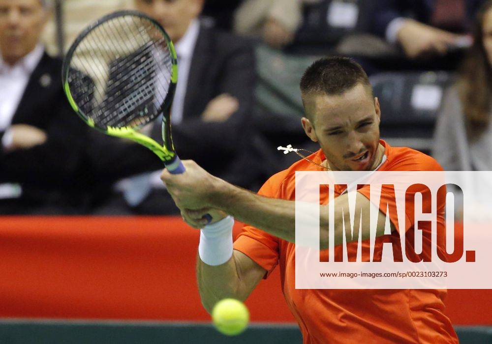 -- Serbia s Viktor Troicki returns the ball to Kazakhstan s Mikhail Kukushkin during Davis Cup World Group 1st round match in Belgrade, Serbia, March 4, 2016. ) (SP)SERBIA-BELGRADE-TENNIS-DAVIS CUP-SERBIA VS KAZAKHSTAN PredragxMilosavljevic
