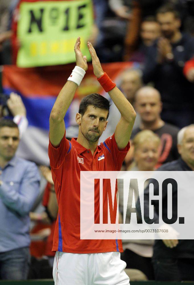 (160305) -- Belgrade, March 5, 2016 -- Serbia s Novak Djokovic gestures to audience after the match against Kazakhstan s Aleksandr Nedovyesov during the Davis Cup World Group first round single match between Serbia and Kazakhstan in Belgrade, on March 4, 2016. Djokovic won 3-0. ) (SP)SERBIA-BELGRADE-TENNIS-DAVIS CUP-SERBIA VS KAZAKHSTAN PredragxMilosavljevic