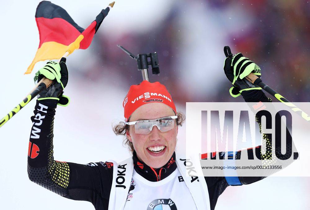 Biathlon, WC in Oslo, Laura Dahlmeier gewinnt 10km Verfolgung OSLO, NORWAY. MARCH 6, 2016. Biathlete Laura Dahlmeier of Germany reacts as she wins the women s 10km pursuit race at the 2016 IBU Biathlon World Championships in Holmenkollen, Oslo. Stanislav Krasilnikov TASS TS018B8A
