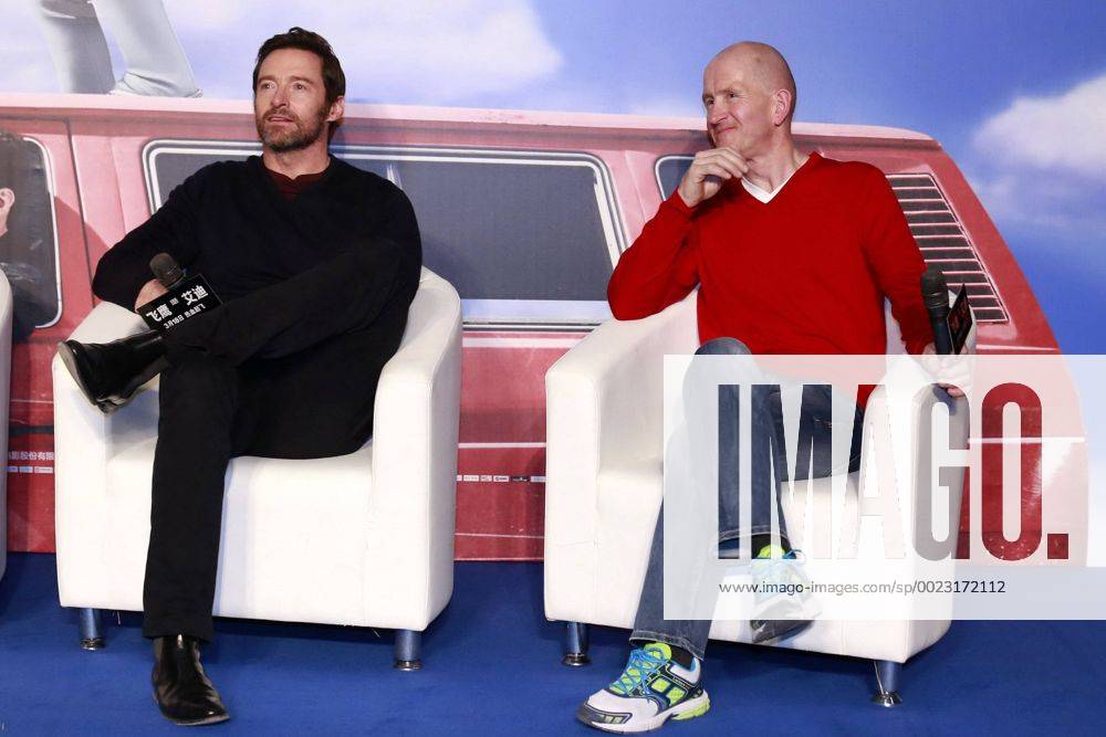 (CHINA OUT) Australian actor Hugh Jackman (L) and British skier Michael Edwards, better known as Eddie The Eagle Edwards, attend a press conference PK Pressekonferenz of director Dexter Fletcher s film Eddie the Eagle on March 9, 2016 in Beijing, China. CFP480894399