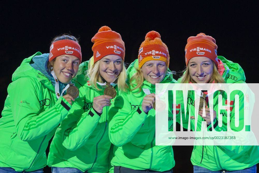 Holmenkollen, Oslo, Norway. IBU Biathlon World Championships . L-R Laura Dahlmeier of Germany, Maren Hammerschmidt of Franziska Hildebrand of Germany and Franziska Preuss of Germany at the medal award ceremony during the IBU World Championships Biathlon in Holmenkollen Oslo, Norway. Waldronx ActionPlus11716438