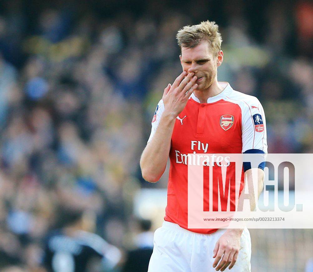 Arsenal s Per Mertesacker looks on dejected at the final whistle during the Emirates FA Cup match at The Emirates Stadium. Photo credit should read: David Klein Sportimage .