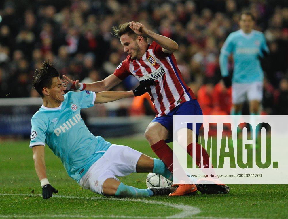 Fußball, Champions League, Atletico Madrid - PSV Eindhoven PSV Eindhoven Defender, Hector Moreno, number 3 . Atletico de Madrid Midfielder, Saul Niguez Esclapez, number 17. Round Round of 16 2nd of the CHAMPIONS league, soccer match between Atletico de Madrid - PSV Eindhoven at the Vicente Calderon estadium, Madrid - Spain by March 15, 2016. PHOTO: GregorioLopez. xGregorioxLopezx x SOCCERxSPAINx