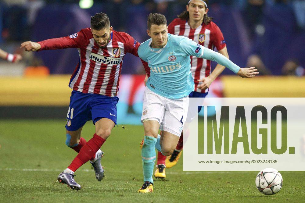 (L-R) Yannick Carrasco of Club Atletico de Madrid, Santiago Arias of PSV, Filipe Luis of Club Atletico de Madrid during the UEFA Champions League Round of 16, Second leg match between Atletico madrid and PSV Eindhoven on March 15, 2016 at the Estadio Vicente Calder& 243;n in Madrid, Spain. Atletico Madrid v PSV Eindhoven UEFA Champions League 2015 2016 IVx 5165470