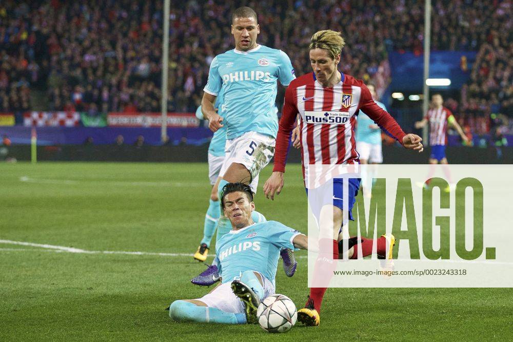 (L-R) Jeffrey Bruma of PSV, Hector Moreno of PSV, Fernando Torres of Club Atletico de Madrid during the UEFA Champions League Round of 16, Second leg match between Atletico madrid and PSV Eindhoven on March 15, 2016 at the Estadio Vicente Calder& 243;n in Madrid, Spain. Atletico Madrid v PSV Eindhoven UEFA Champions League 2015 2016 IVx 5165547