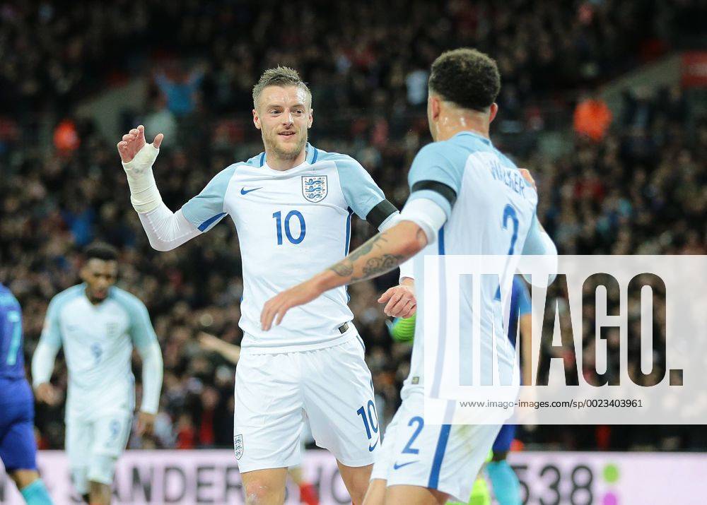 Wembley Stadium, London, England. International Football Friendly England versus Netherlands. England Forward Jamie Vardy scores England s first past Netherlands Goalkeeper Jeroen Zoet and celebrates with England Defender Kyle Walker , 1-0 England Kertonx ActionPlus11723322