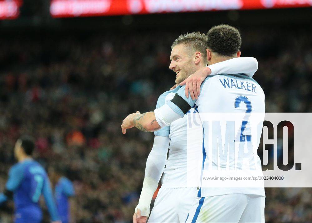 Wembley Stadium, London, England. International Football Friendly England versus Netherlands. England Forward Jamie Vardy scores England s first past Netherlands Goalkeeper Jeroen Zoet and celebrates with England Defender Kyle Walker , 1-0 England Kertonx ActionPlus11723324