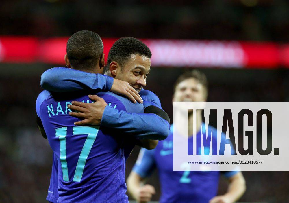 -- Luciano Marsingh of the Netherlands (L) celebrates after scoring with his teammate during the International Friendly Länderspiel Nationalteam Match between England and the Netherlands at Wembley Stadium in London, Britain, on March 29, 2016. England lost 1-2. ) (SP)BRITAIN-LONDON-SOCCER-FRIENDLY MATCH-ENGLAND VS NETHERLANDS HanxYan