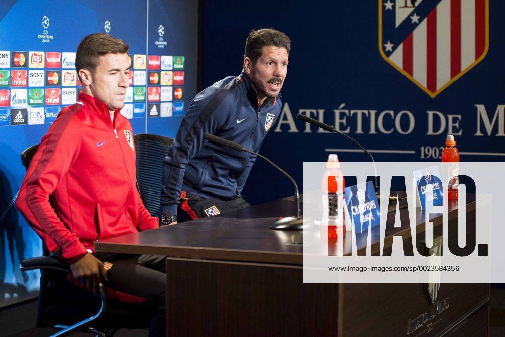 Gabi Fernandez and coach Diego Simeone during Atletico de Madrid s press conference PK Pressekonferenz the day before the EUFA Champions League match between Atletico de Madrid and FC. Barcelona at Vicente Calderon in Madrid. April 13, 2016. (20160413004)