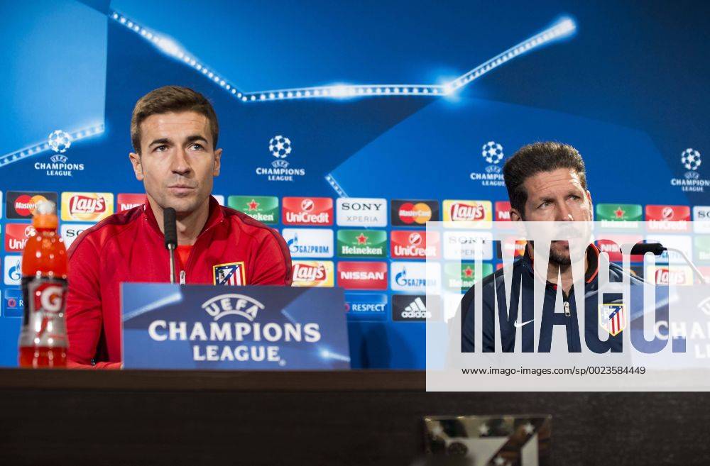 Gabi Fernandez and coach Diego Simeone during Atletico de Madrid s press conference PK Pressekonferenz the day before the EUFA Champions League match between Atletico de Madrid and FC. Barcelona at Vicente Calderon in Madrid. April 13, 2016. (20160413013)