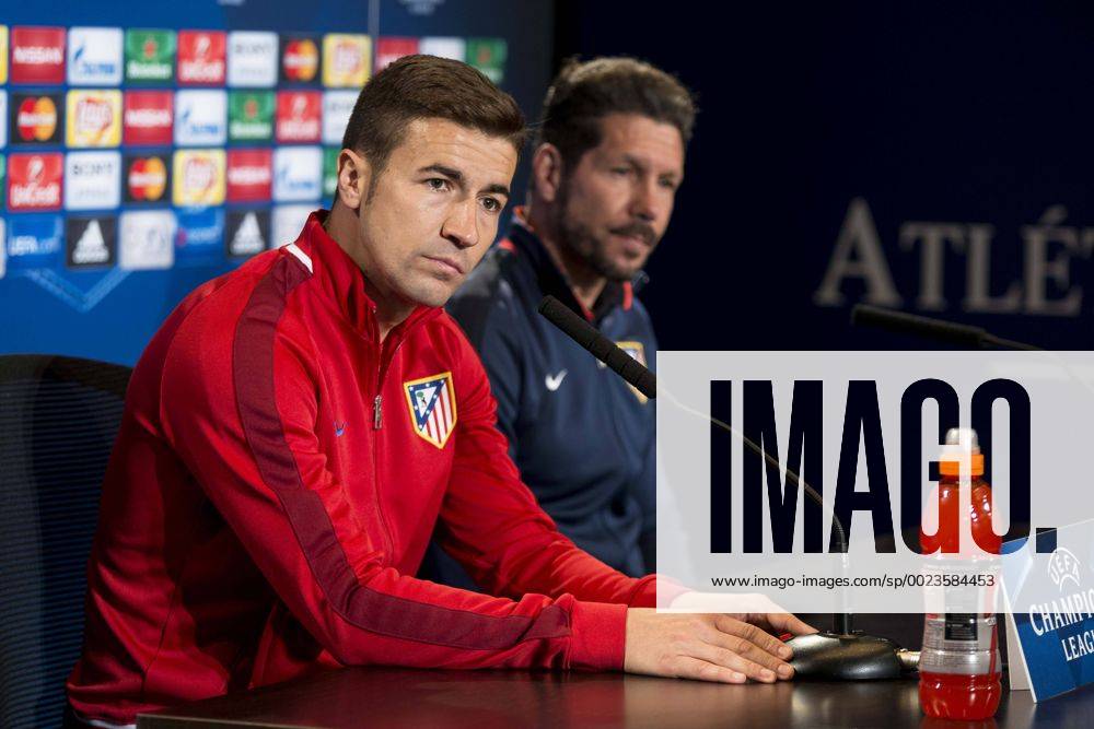 Gabi Fernandez and coach Diego Simeone during Atletico de Madrid s press conference PK Pressekonferenz the day before the EUFA Champions League match between Atletico de Madrid and FC. Barcelona at Vicente Calderon in Madrid. April 13, 2016. (20160413017)