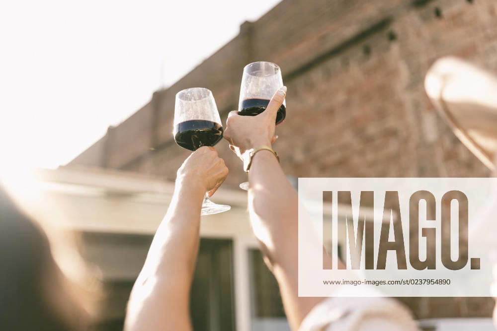 IMAGO Creative, Urban Lifestyle Friends cheering with wineglasses on sunny day model released, Symbolfoto property released, JJF00158