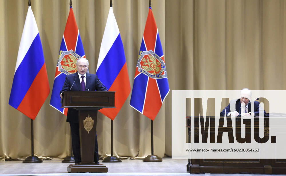 Russian President Vladimir Putin, left, delivers remark at the annual meeting of the Federal Security Service Board as FSB Director Alexander Bortnikov, right, looks on, February 28, 2023 in Moscow, Russia. Moscow Russia - ZUMAp138 20230228_zaa_p138_002