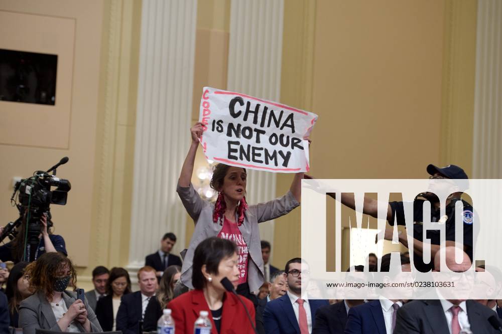 A protestor is removed from the room as Lieutenant General H.R. McMaster (Ret.), Senior Fellow, Hoover Institution, on behalf of Stanford University, appears before the United States House Select Committee on the Strategic Competition Between the United States and the Chinese Communist Party hearing The Chinese Communist Partys Threat to America in the Canon House Office Building on Capitol Hill in Washington, DC, Tuesday, February 28, 2023 Washington USA - ZUMAs152 20230228_zaa_s152_080