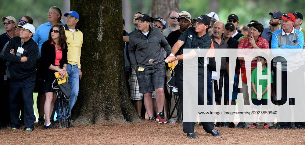 Charlotte, NC, USA - Phil Mickelson watches the path of his second shot from the ninth fairway during second round action of the Wells Fargo Championship at Quail Hollow Club on May 6, 2016 in Charlotte, N.C. Mickelson finished the round at -5. Wells Fargo Championship - ZUMAm67_