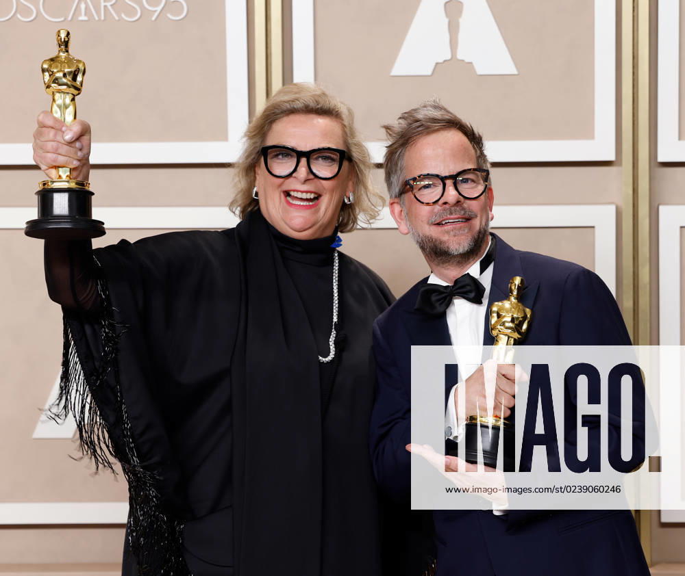 (L-R) Ernestine Hipper and Christian M. Goldbeck, winners of the award for Best Production Design for All Quiet On The Western Front, appear backstage with their Oscars during the 95th annual Academy Awards at Loews Hollywood Hotel in the Hollywood section of Los Angeles on Sunday, March 12, 2023. LAP20230312223 JOHNxANGELILLO