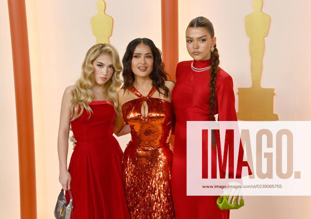 (L-R) Tess Bu Cuarón, Valentina Paloma Pinault and Salma Hayek attend the 95th annual Academy Awards at the Dolby Theatre in the Hollywood section of Los Angeles on Sunday, March 12, 2023. LAP2023031211292 JIMxRUYMEN