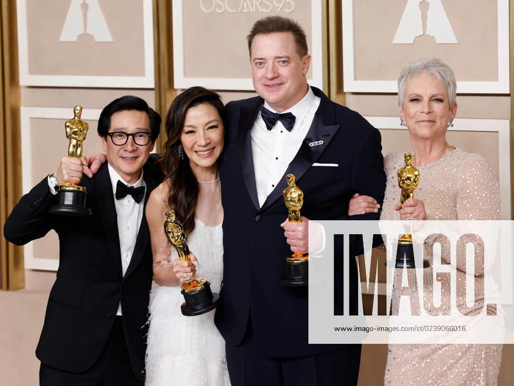 Brendan Fraser (second from R), winner of the award for Best Actor in a Leading Role for The Whale, and (L-R) Ke Huy Quan, winner of the award for Best Actor In A Supporting Role, Michelle Yeoh, winner of the award for Best Actress in a Leading Role and Jamie Lee Curtis, winner of the award for Best Supporting Actress for Everything Everywhere All at Once, appear backstage with their Oscars during the 95th annual Academy Awards at Loews Hollywood Hotel in the Hollywood section of Los Angeles on Sunday, March 12, 2023. LAP20230312280 JOHNxANGELILLO