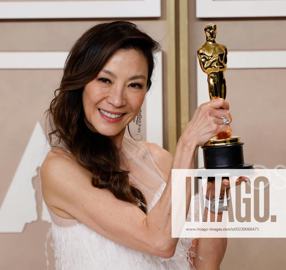 Michelle Yeoh, winner of the award for Best Actress in a Leading Role for Everything Everywhere All at Once, appears backstage with her Oscar during the 95th annual Academy Awards at Loews Hollywood Hotel in the Hollywood section of Los Angeles on Sunday, March 12, 2023. LAP20230312289 JOHNxANGELILLO